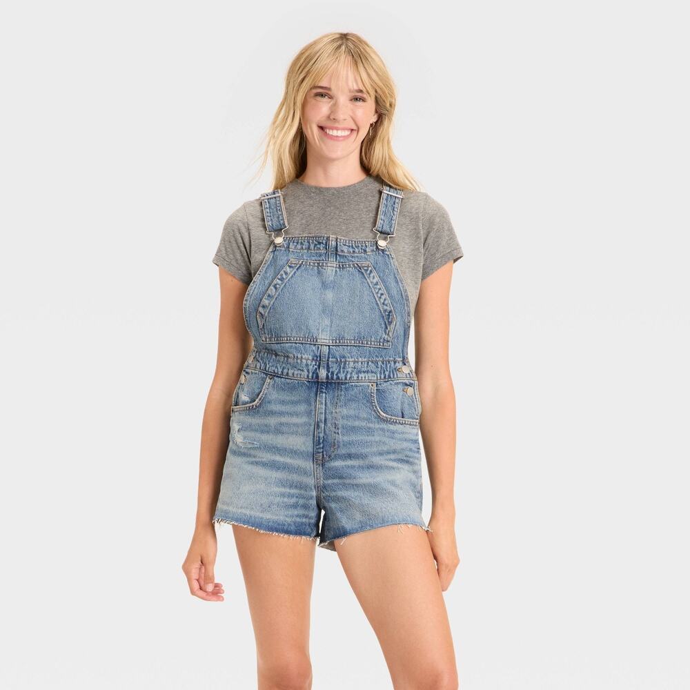 Universal Thread Light Blue Denim Short Overalls with Raw Hem